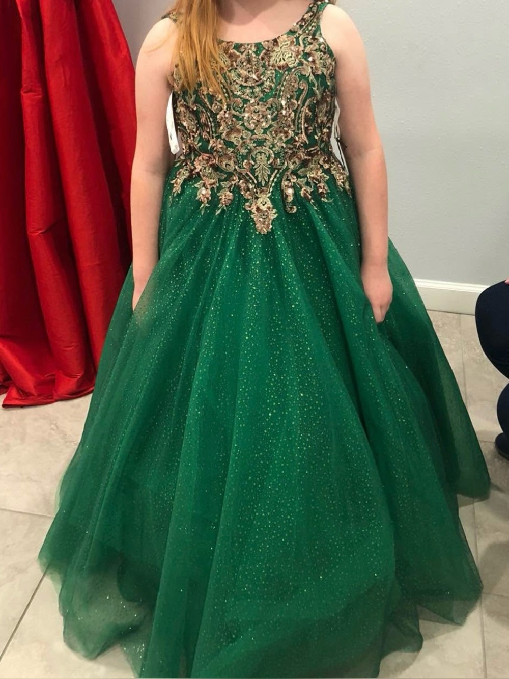 Tiffany by Christina Wu Emerald & Gold Embroidered Tulle Gown for Girls